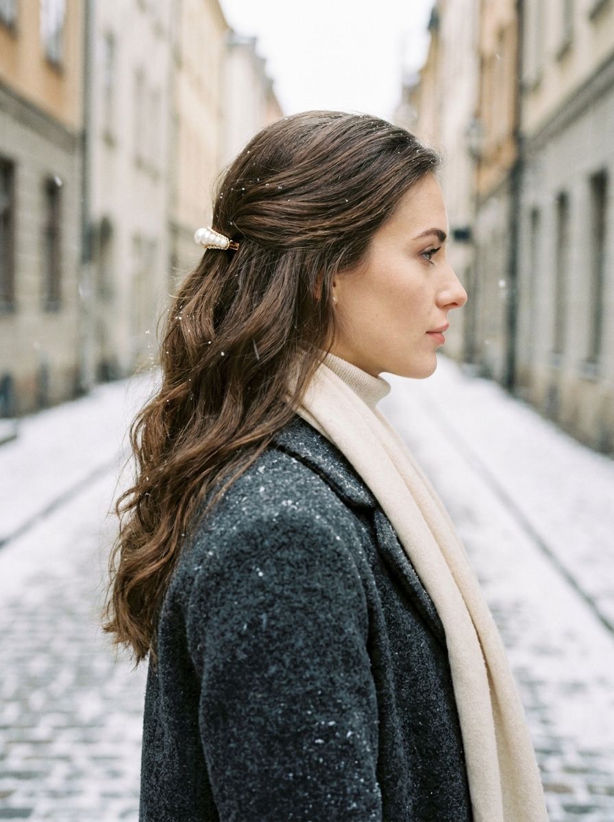 Halboffene Wellen mit Perlenclip - Winterfrisuren für lange Haare